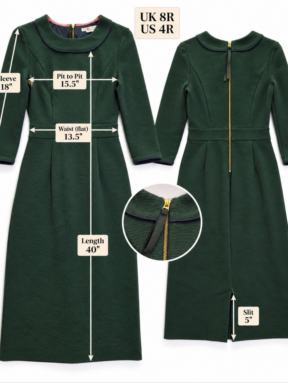 BODEN DARK GREEN TEXTURED PONTE MIDI SHEATH DRESS SZ US 4R - Picture 13 of 13